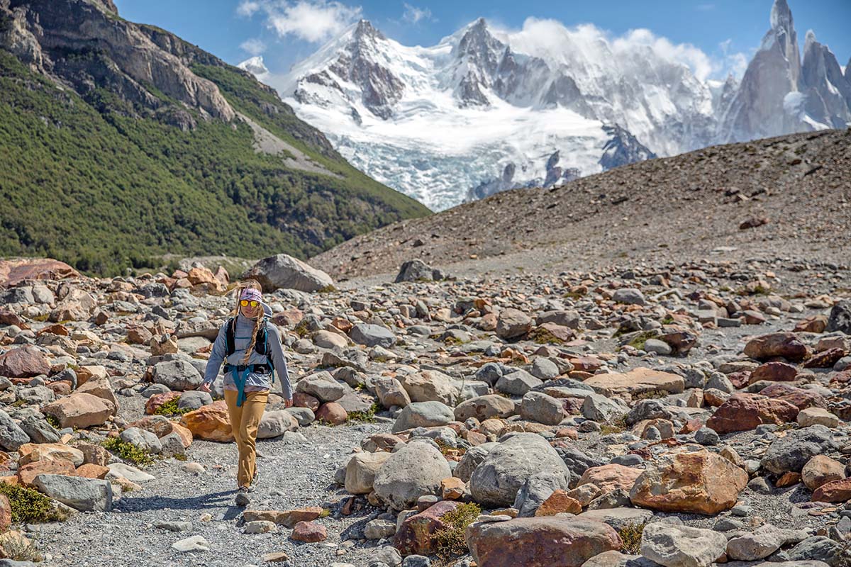 Hiking in the Arc'teryx Solano windbreaker jacket in Patagonia